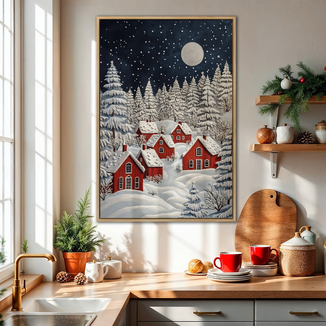 Framed Wall Art: Winter village scene in a cozy kitchen. Featuring red houses, snowy landscape, and a starry night sky. A charming, festive decor piece.