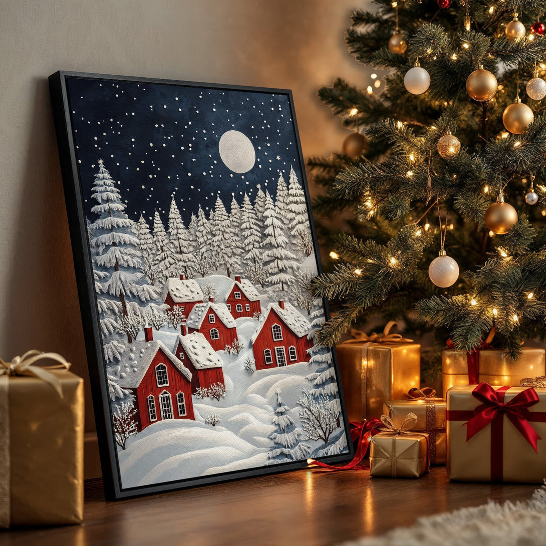 Framed Wall Art: Winter village scene in red and white, perfect for holiday decor. Cozy painting with a snowy landscape and dark blue sky.