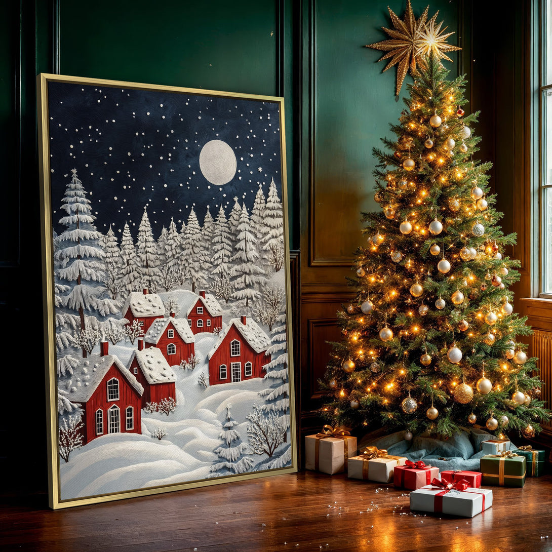 Canvas Print: Winter village scene with red houses, snowy landscape, and a dark blue night sky. Cozy, inviting art in a cool color palette.