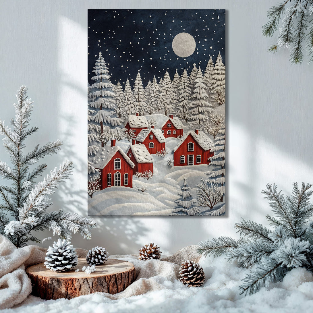 Framed Wall Art: Winter village scene with red houses, snowy landscape. Cozy, Christmas-themed art in a gold frame. Warm color palette.