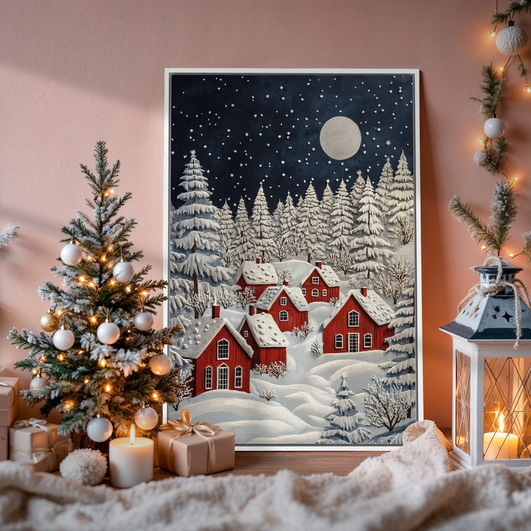 Framed Wall Art: Cozy winter scene with red houses, snowy landscape, and a dark blue night sky. Perfect for holiday decor!
