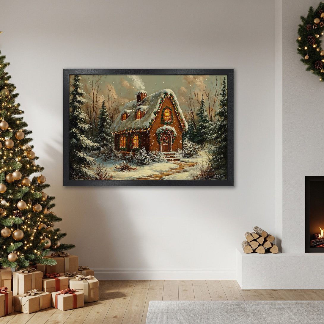 Framed Poster: Cozy winter cottage art print, warm color palette, perfect for holiday decor.