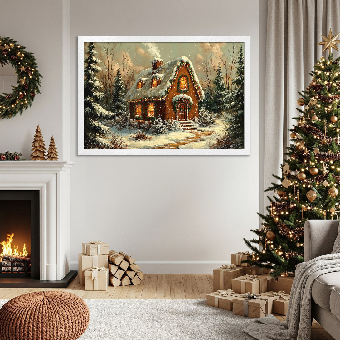Framed Poster of a cozy winter cottage scene, warm color palette, perfect for holiday decor. Adds a touch of festive charm!
