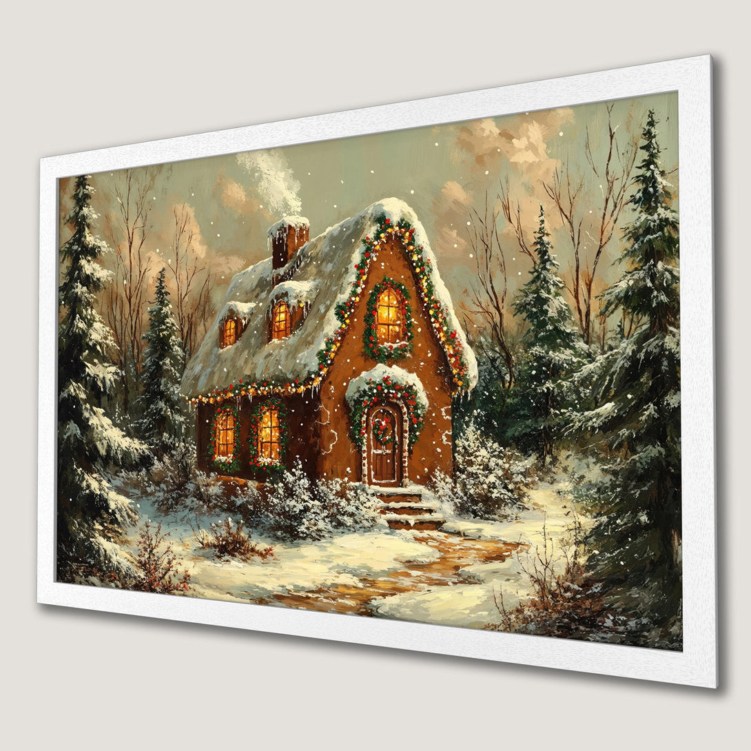 Framed Poster featuring a cozy winter cabin scene in a painterly style with warm, inviting colors. Perfect holiday decor!