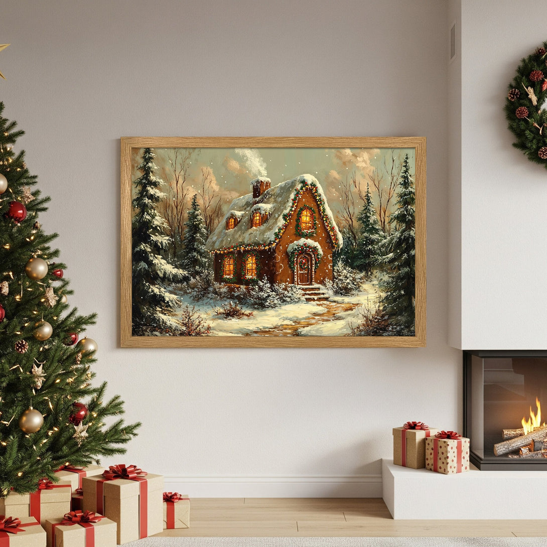 Framed Poster of a cozy Christmas cottage in a snowy landscape, warm color palette, perfect holiday decor.