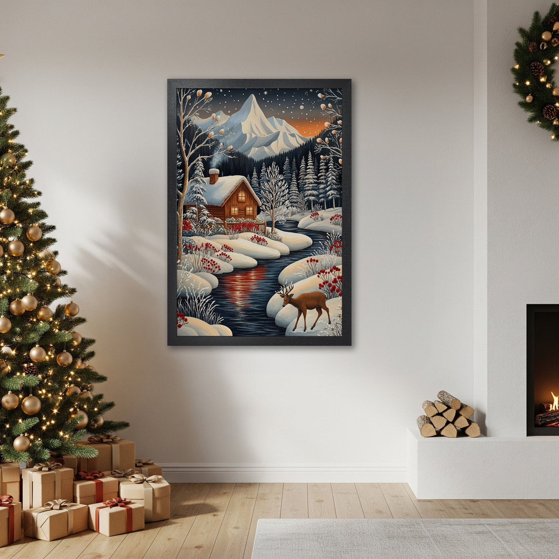 Framed Poster featuring a winter cabin scene. Cozy art in a cool blue, white, and brown palette. Perfect for holiday decor!