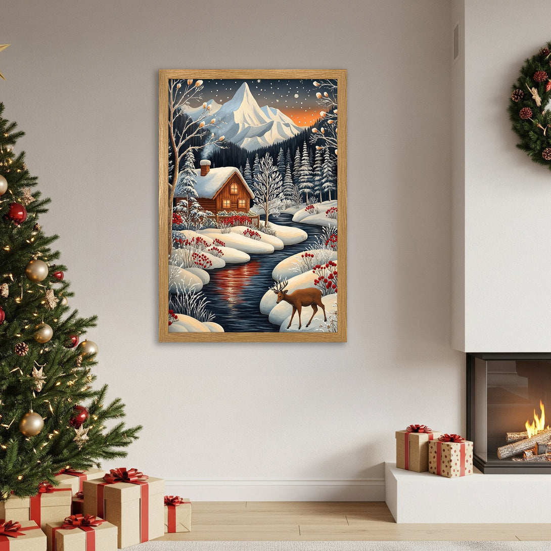 Framed Poster of a winter cabin scene in a cozy, illustrative style with a cool blue and warm orange palette. Perfect holiday decor!