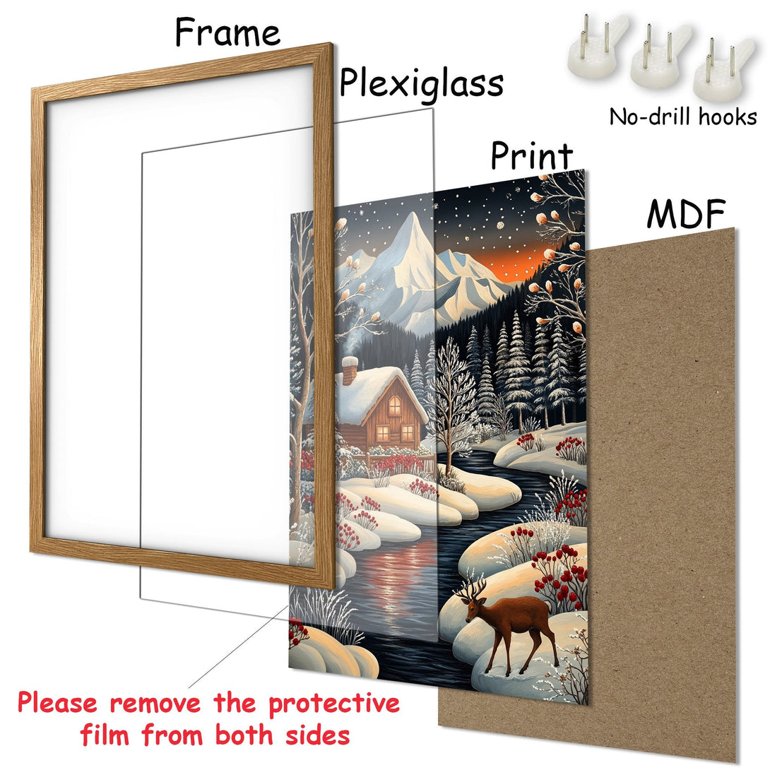 Framed Poster: Winter landscape art print with cabin, deer, and snowy mountains. Warm color palette. Ready to hang.