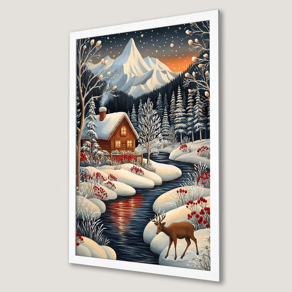 Framed Poster of a winter landscape with a cabin, deer, and snowy mountains. Artistic style with a cool blue and red palette. Decorate your home!