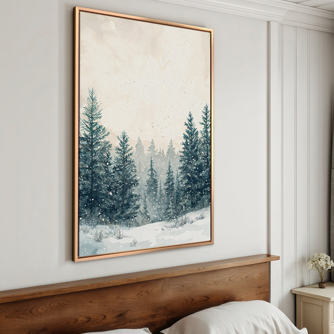Framed Wall Art: Winter forest scene in blue and beige tones. Watercolor style canvas print adds a touch of nature to any room. Shop now!