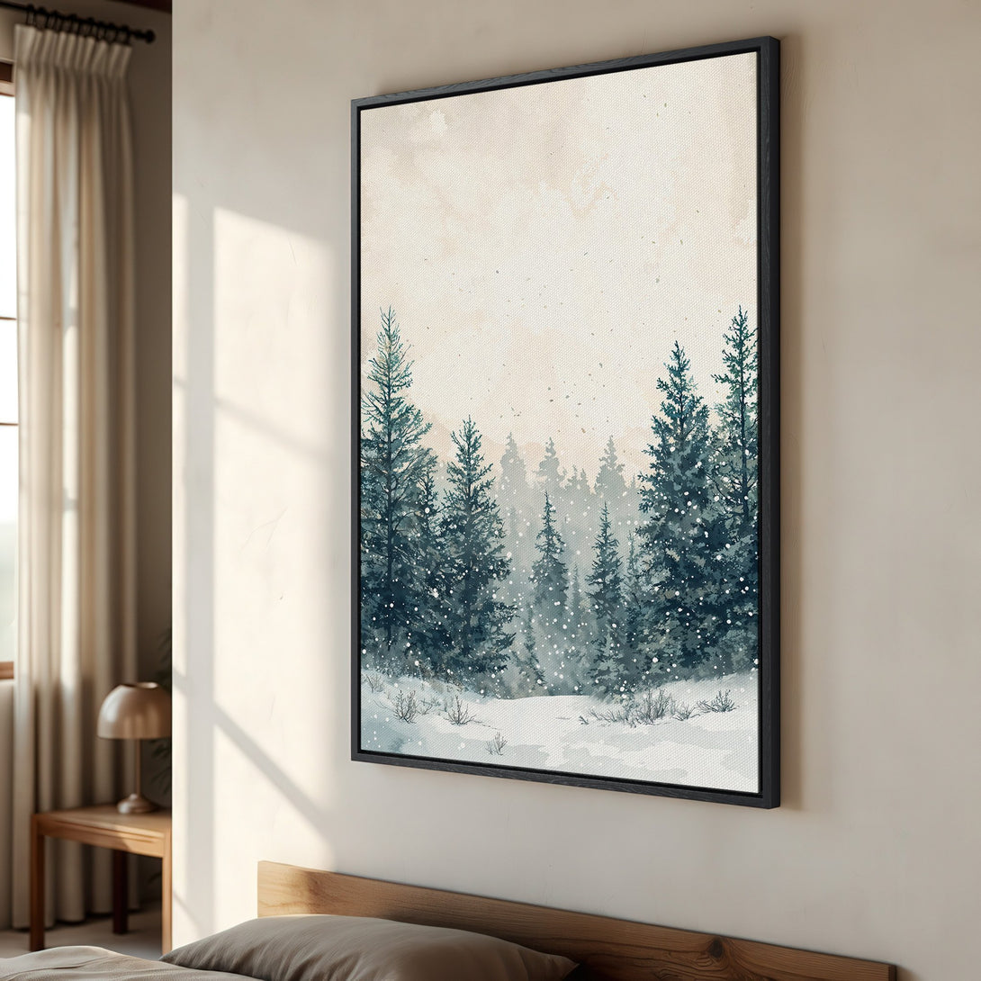 Framed Wall Art: Watercolor forest scene in teal and beige. Serene winter landscape Canvas Print adds a touch of nature to your home decor.