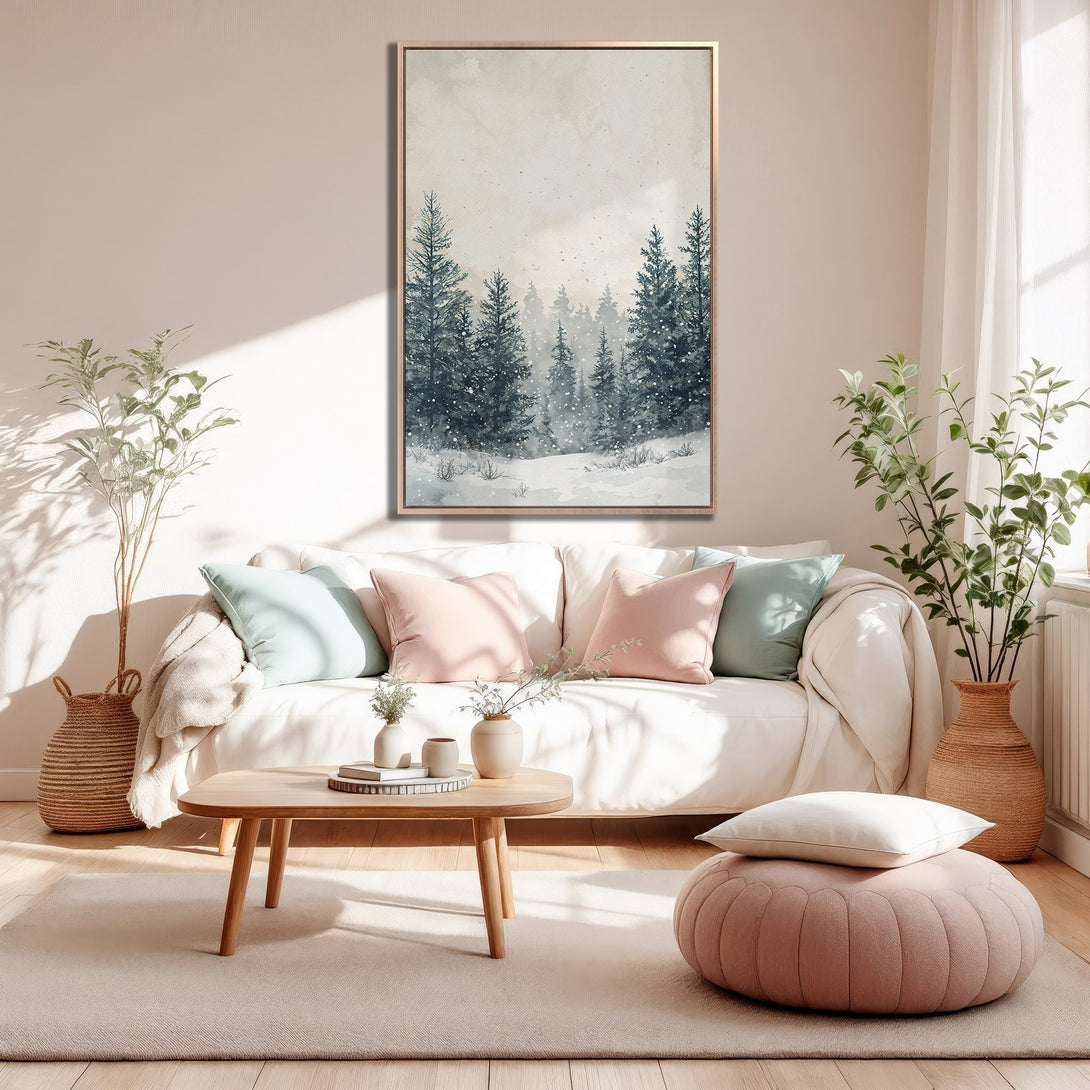 Framed Wall Art featuring a serene winter forest scene in muted blues and greens. Perfect for adding a touch of nature and tranquility to your home decor.
