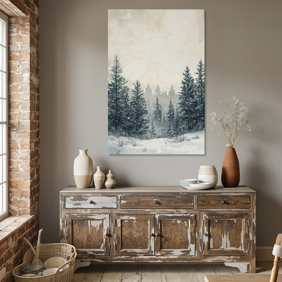 Framed Wall Art: Watercolor winter forest scene in blue and beige tones. Perfect for adding a touch of nature and serenity to your dining room.
