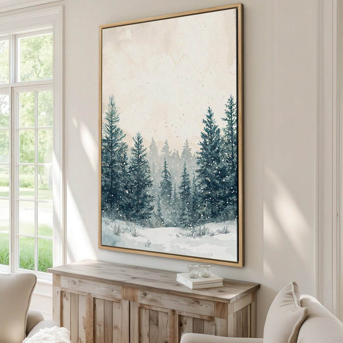 Framed Wall Art: Winter forest watercolor painting in blue and beige tones. Perfect for adding a touch of nature and serenity to your home decor.