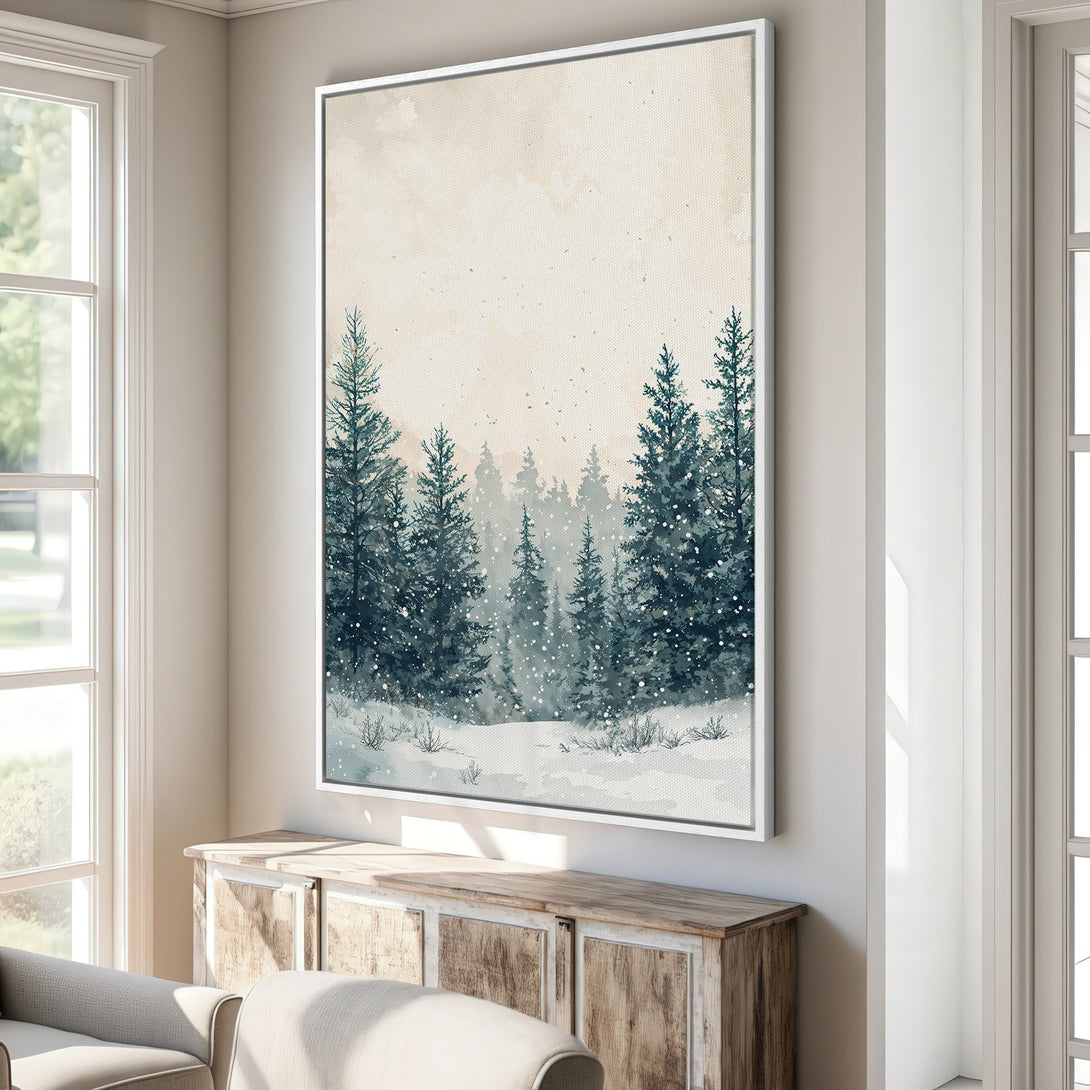 Framed Wall Art: Watercolor winter forest scene in neutral tones. Bring the serene beauty of nature indoors with this calming canvas print.