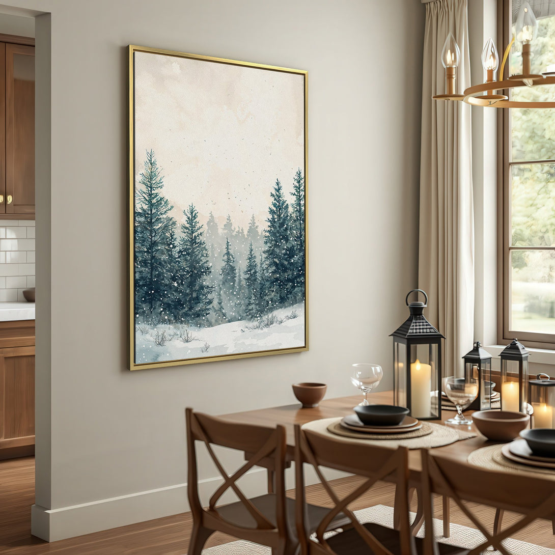 Canvas Print of a serene winter forest scene in watercolor style, featuring a muted blue and beige color palette. Perfect wall art for your home!
