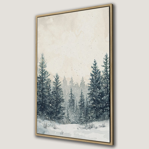 Framed Wall Art featuring a watercolor winter forest scene in cool blue and beige tones. Perfect for adding a touch of nature and tranquility to your home decor.