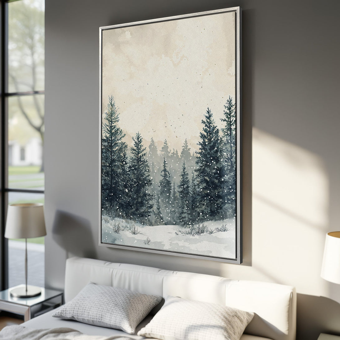 Framed Wall Art: Watercolor winter forest scene in blue and beige tones. Perfect for adding a touch of nature to your home decor. Shop now!