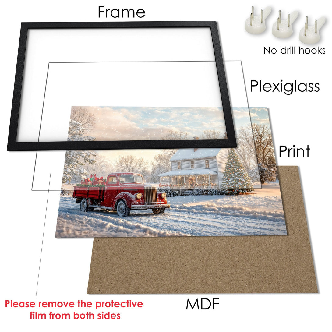 Framed Poster featuring a red vintage truck in a snowy winter scene. Warm, inviting colors perfect for holiday decor.