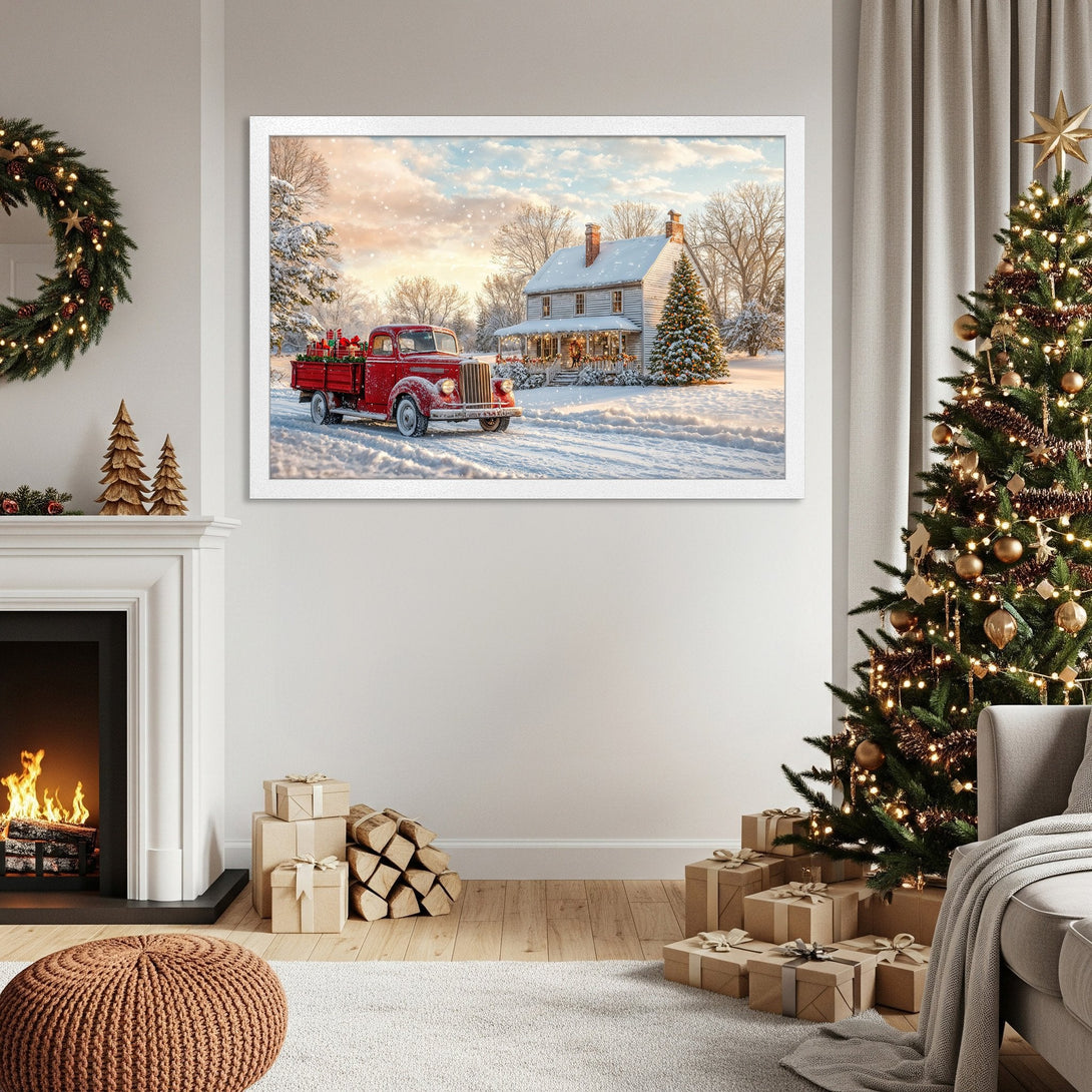 Framed Poster of a red truck in a snowy scene. Rustic, warm, and inviting Christmas art in a cozy, neutral color palette.