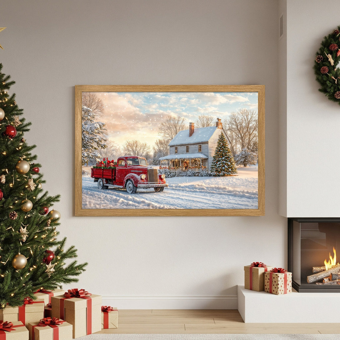 Framed Poster of a winter scene with a red truck, cozy style, warm color palette. Perfect Christmas decor!