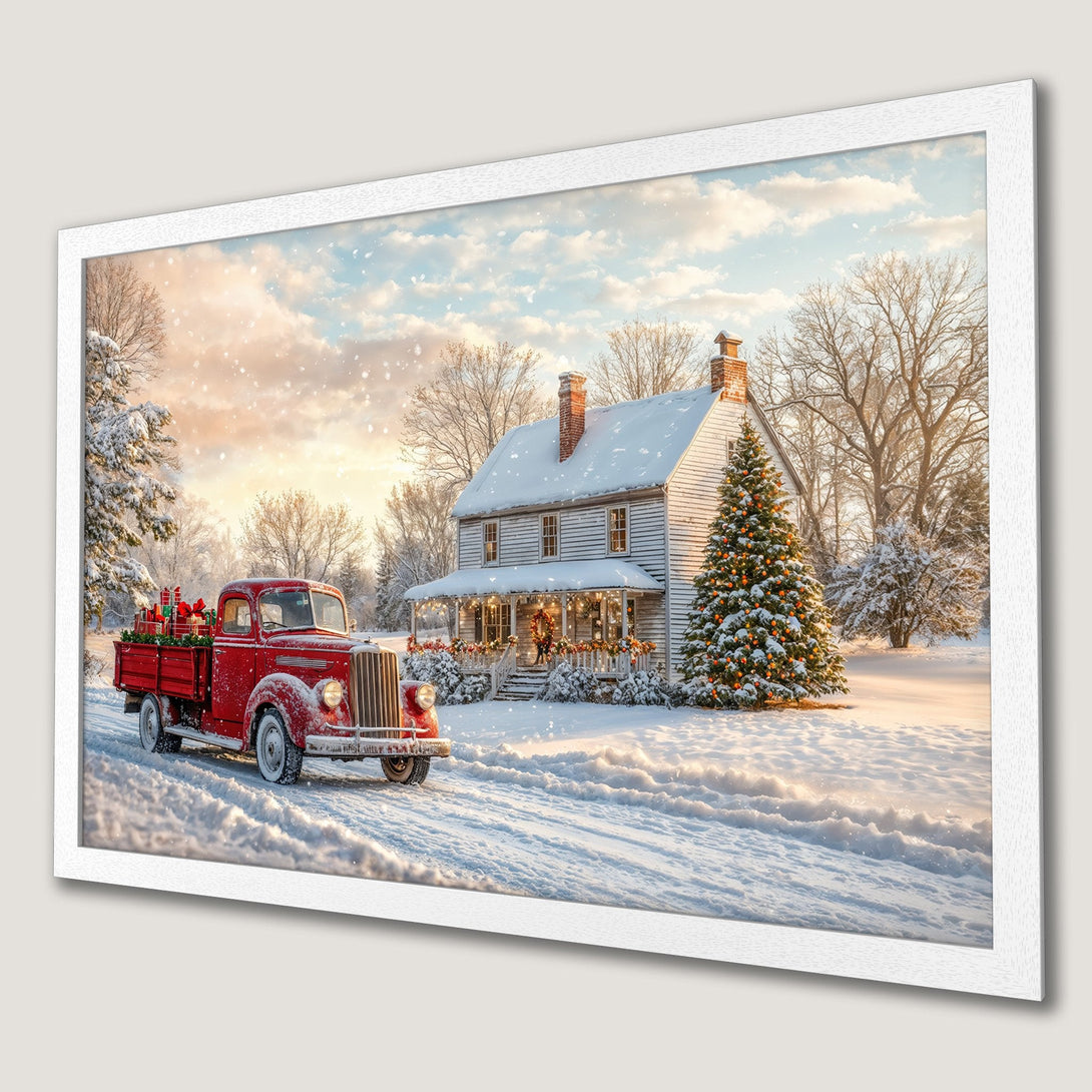 Framed Poster of a festive winter scene with a red truck, snow-covered house, and Christmas tree. Warm, inviting color palette. Perfect holiday decor.