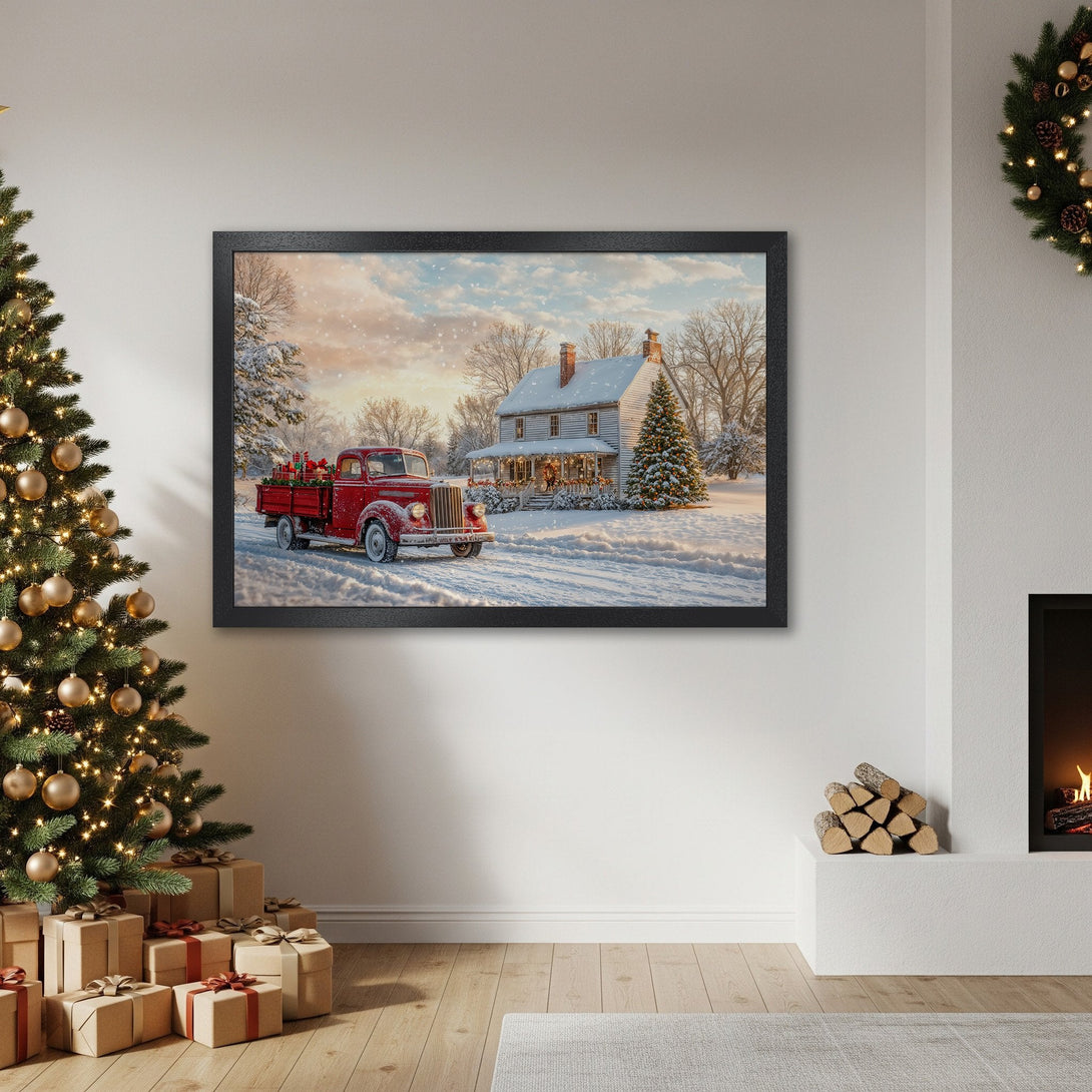 Framed Poster featuring a vintage red truck in a snowy winter scene. Rustic style, warm color palette, perfect for holiday decor.