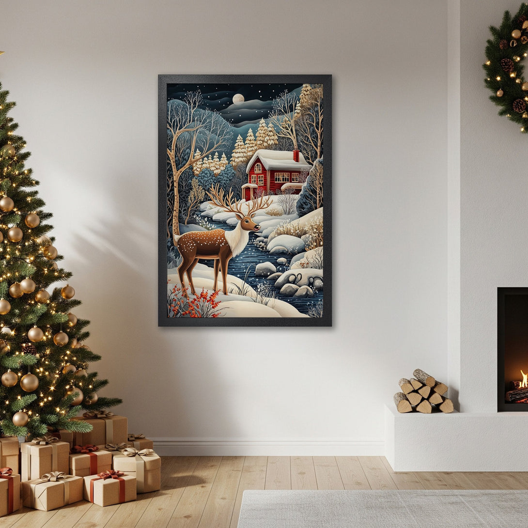 Framed Poster featuring a winter cabin scene with a reindeer. Cozy art in blue, brown, and red tones. Perfect holiday decor!