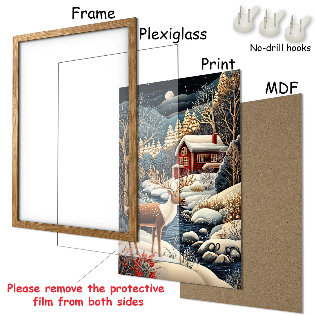 Framed Poster featuring a winter scene with a deer, cabin, and snowy landscape. Earthy tones and cool blues create a cozy aesthetic.