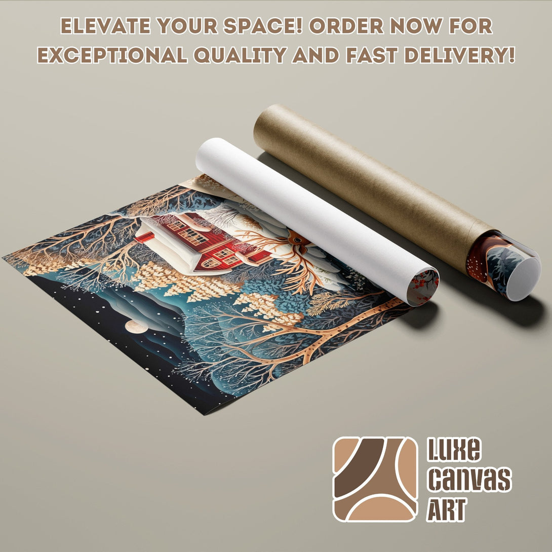 Poster Roll featuring a winter landscape art print. Dark blue, red, and gold color palette. Order yours today!