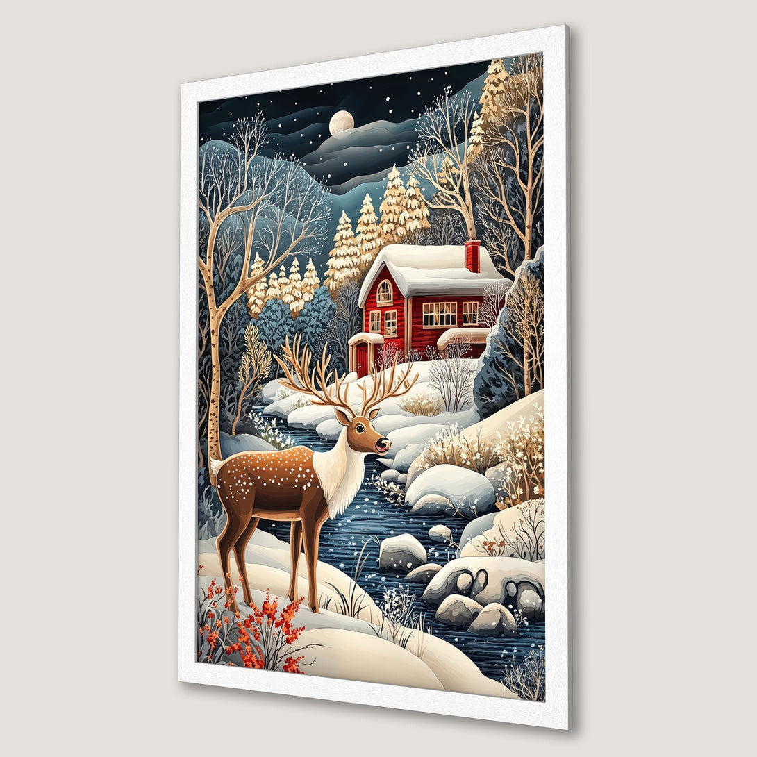 Framed Poster featuring a winter landscape with a deer, red cabin, and a cool blue and brown palette. Perfect for holiday decor.