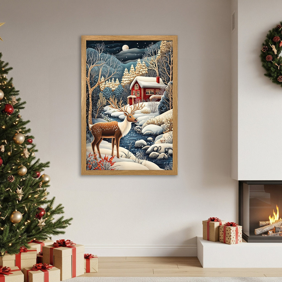 Framed Poster featuring a winter scene with a deer, cabin, and snowy landscape. Blue, white, and brown color palette. Perfect holiday decor!