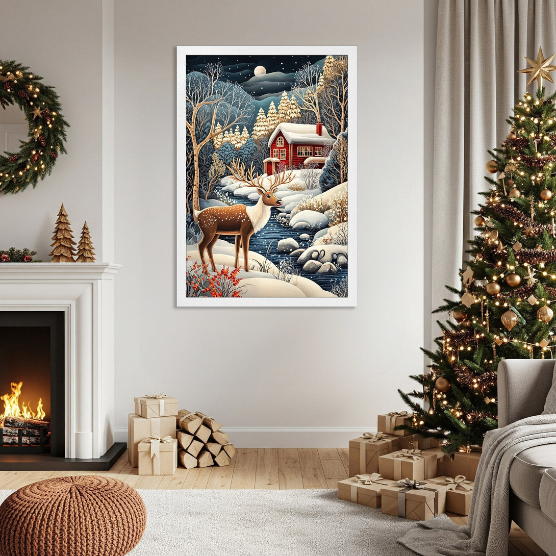 Framed Poster featuring a winter scene with a deer, cabin, and snowy landscape. Perfect for holiday decor, with a blue, white, and red color palette.