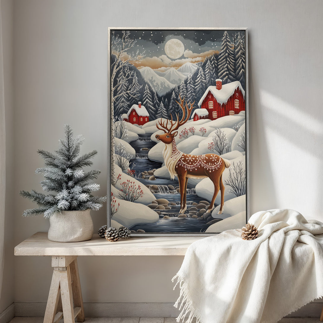Framed Wall Art: Winter scene Canvas Print with a reindeer, red houses, and snowy landscape. Cozy, whimsical style with a cool, muted color palette.