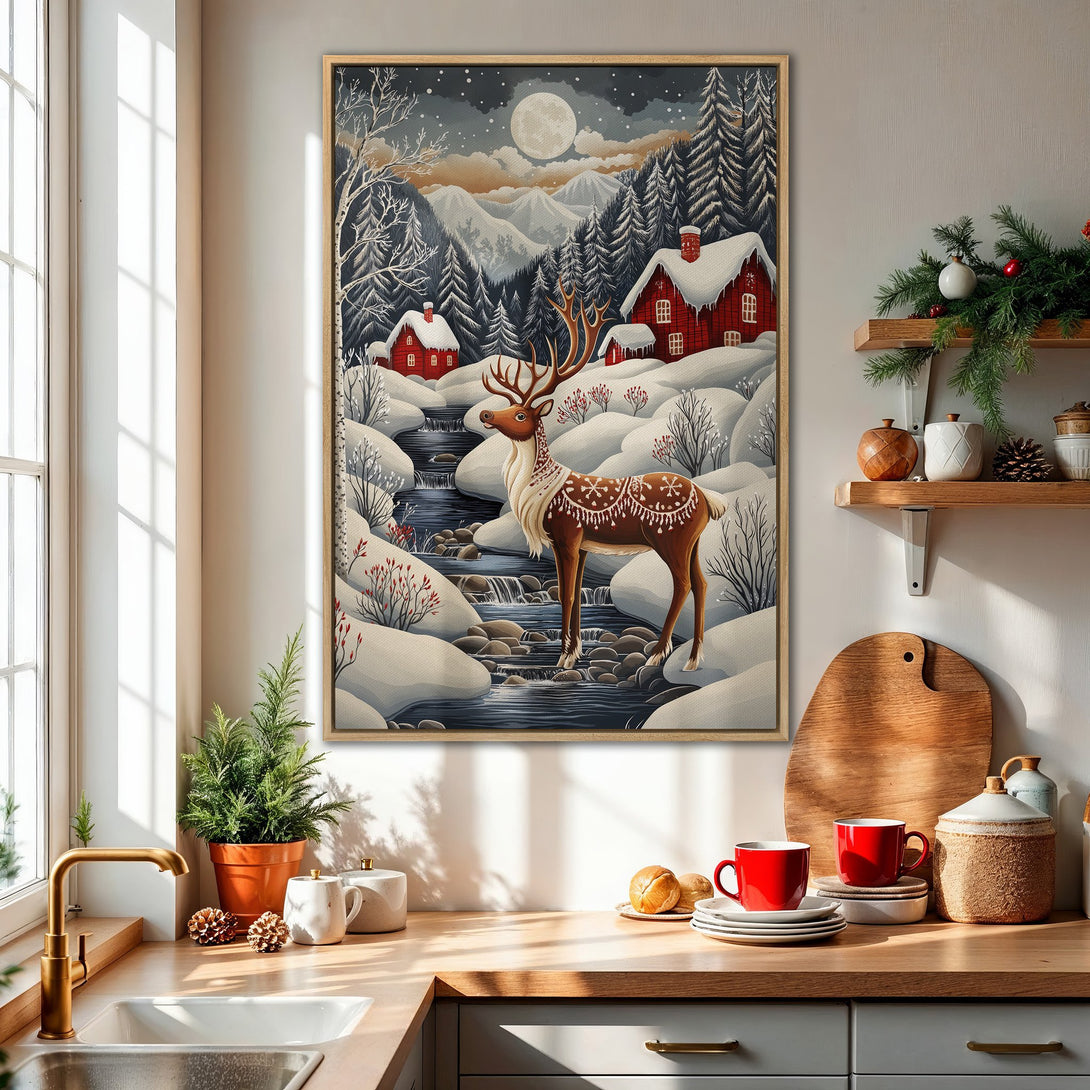 Framed Wall Art: Winter landscape Canvas Print featuring a majestic reindeer, red houses, and snowy mountains. Cozy, illustrative style with a warm, inviting color palette.