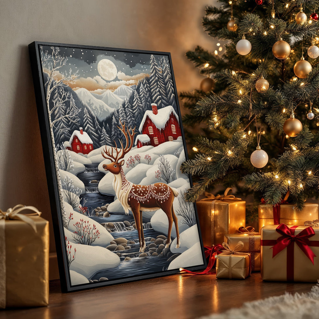 Framed Wall Art: Winter scene with deer, red houses, and snowy landscape. Cozy style with blue, white, and brown tones. Perfect Christmas decor!