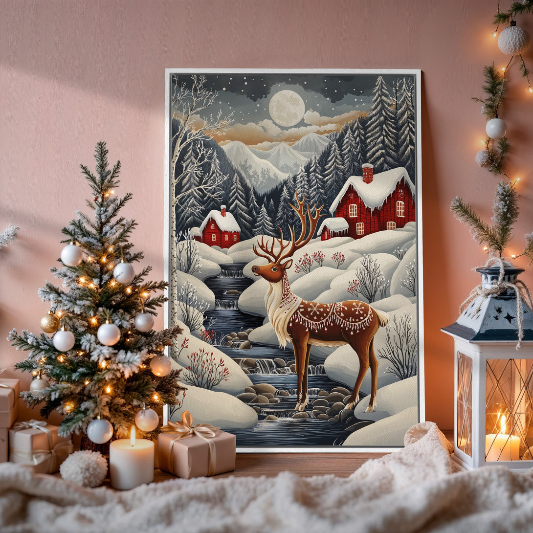 Framed Wall Art: Winter landscape with a deer, red houses, and snowy mountains. Cozy, whimsical style with a cool, muted color palette perfect for holiday decor.