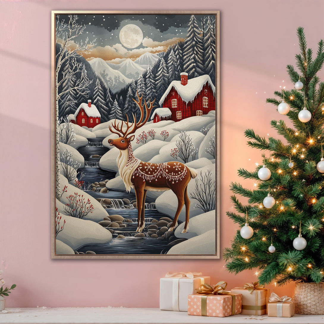 Framed Wall Art: Winter scene with a deer, red cabins, and snowy landscape. Warm color palette with blues, whites, and reds for a cozy, festive feel. Perfect for Christmas decor.