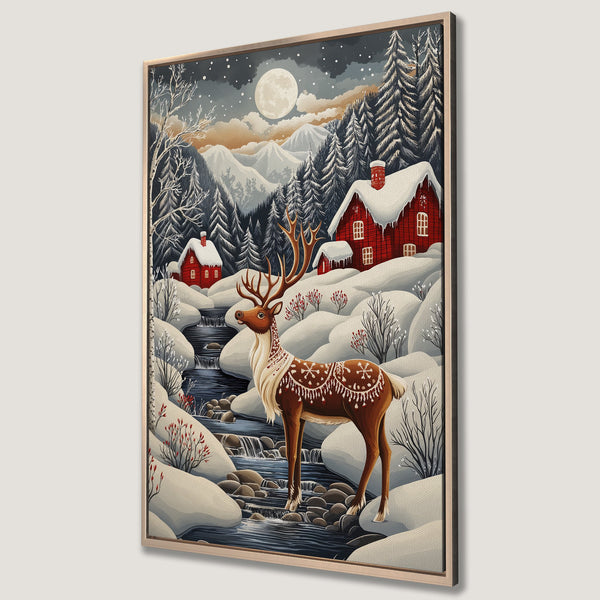 Framed Wall Art: Winter landscape with reindeer, red cabins, and snowy mountains. Cozy art in a warm, inviting color palette. Perfect for holiday decor.