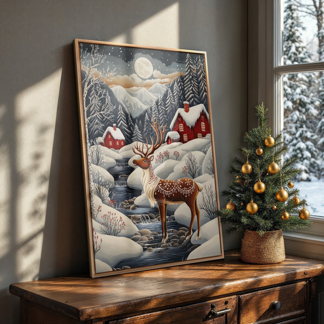Framed Wall Art: Winter landscape with deer, red cabins, and snowy mountains. Cozy style, neutral and warm color palette. Perfect for holiday decor.