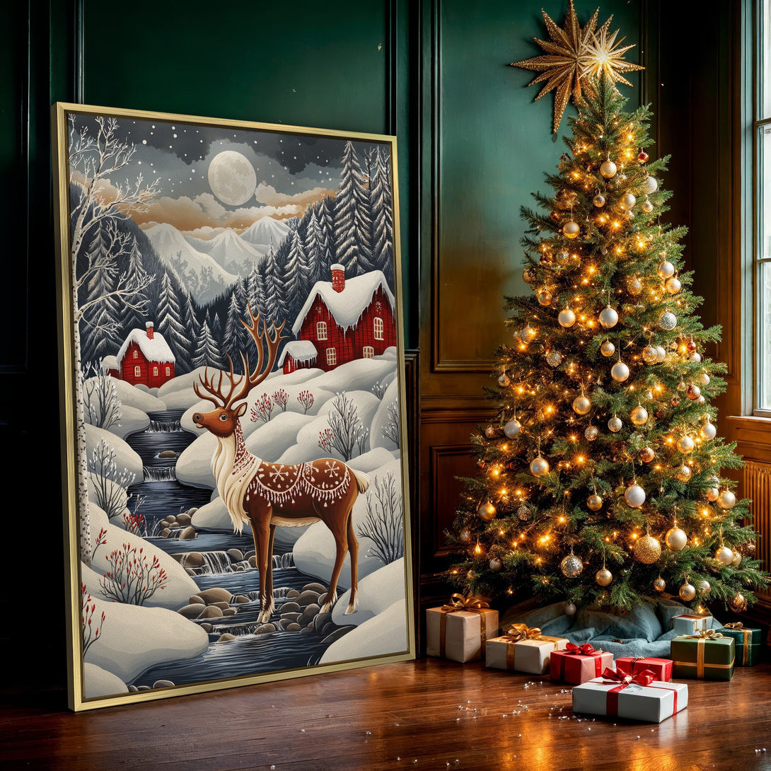 Canvas Print of a winter landscape with a deer, red houses, and snowy mountains. Warm, inviting color palette. Perfect holiday wall art.