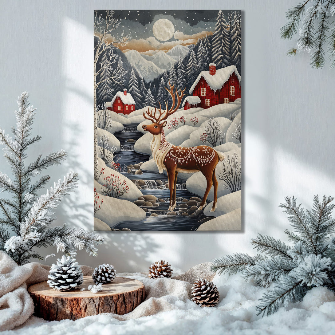 Framed Wall Art: Winter scene Canvas Print with a reindeer, red houses, and snowy landscape in a cozy, warm color palette. Perfect for holiday decor!