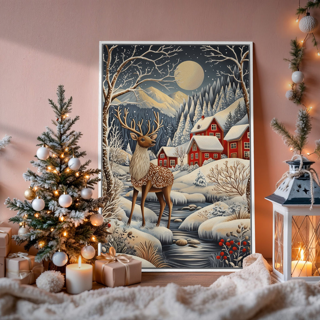 Framed Wall Art featuring a winter scene with a deer, red houses, and snowy landscape. Cozy, illustrative style with a blue, white, and red color palette.