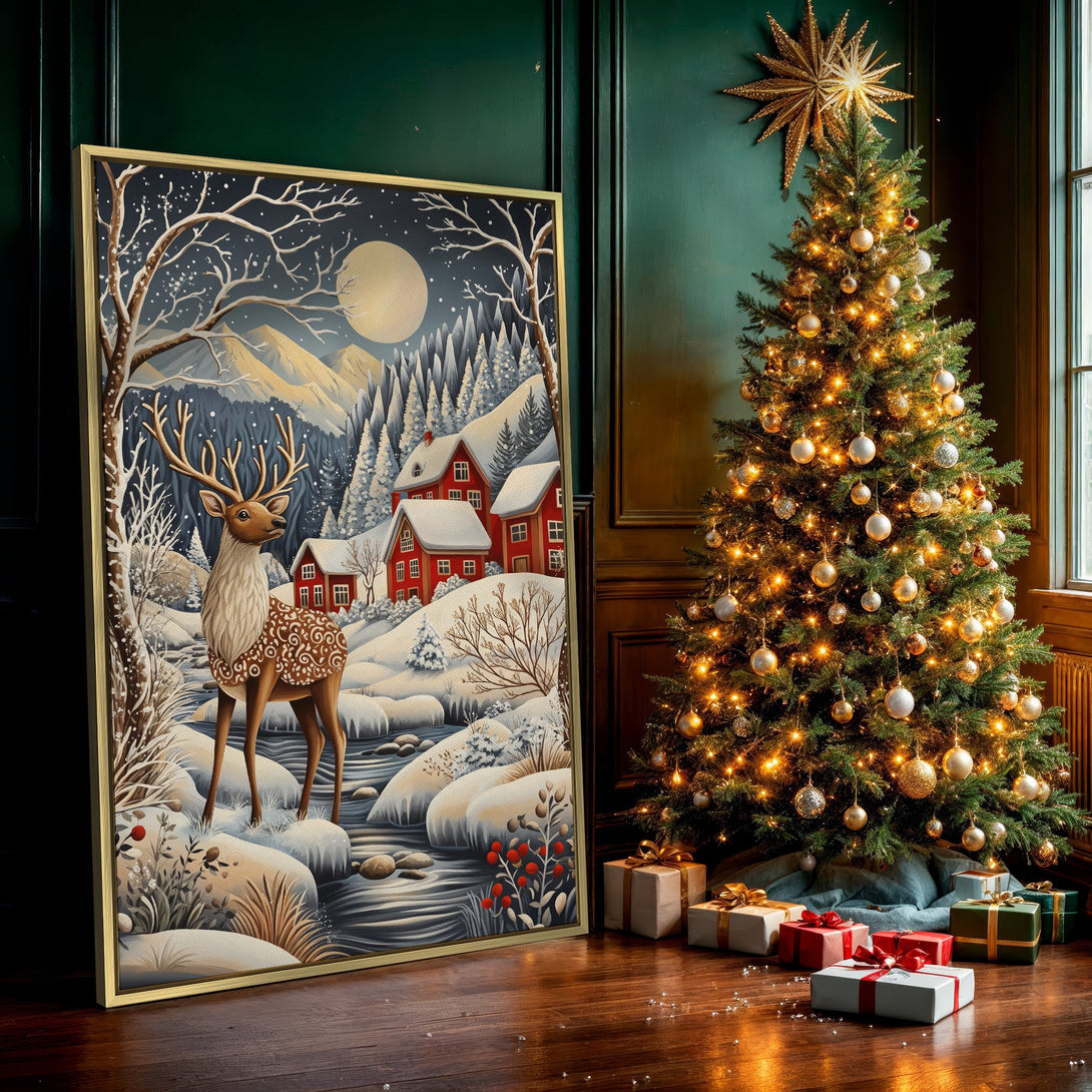 Canvas Print featuring a winter scene with a deer, red houses, and snowy landscape. Artistic style with a cool, blue and brown color palette.
