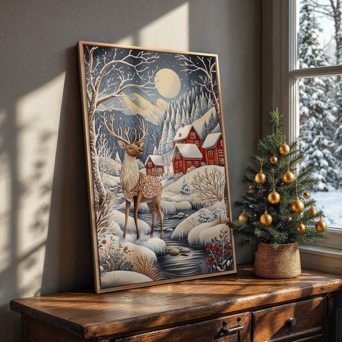 Framed Wall Art: Winter scene with deer, red houses, and snowy landscape. Cozy art in a cool blue, white, and red palette. Perfect for holiday decor!