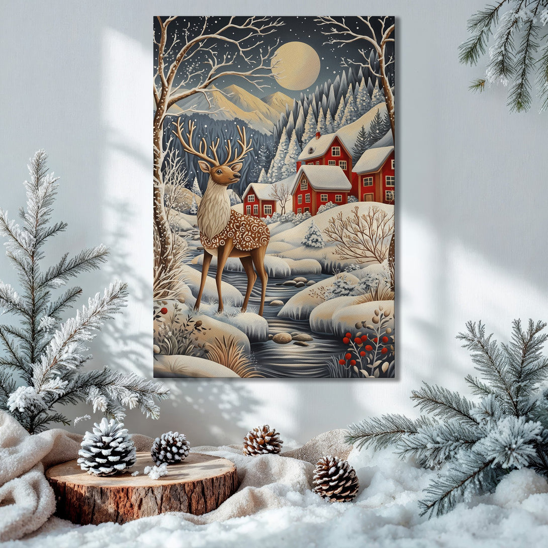 Framed Wall Art: Winter landscape with deer, red houses, and snowy mountains. Cozy, warm color palette perfect for holiday decor.