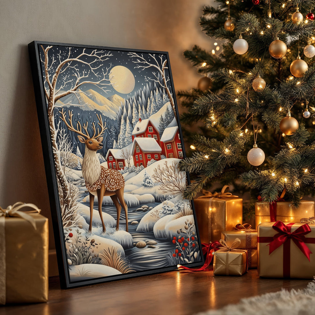 Framed Wall Art: Winter landscape with deer. Cozy art in blue, white, and red tones. Perfect Christmas decor for your home.