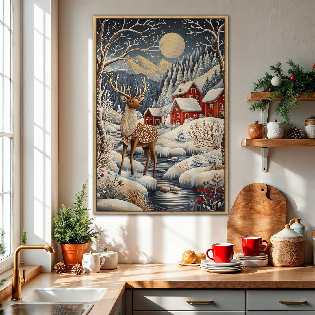 Framed Wall Art featuring a winter scene with a deer, red houses, and a snowy landscape. Warm color palette perfect for cozy decor.