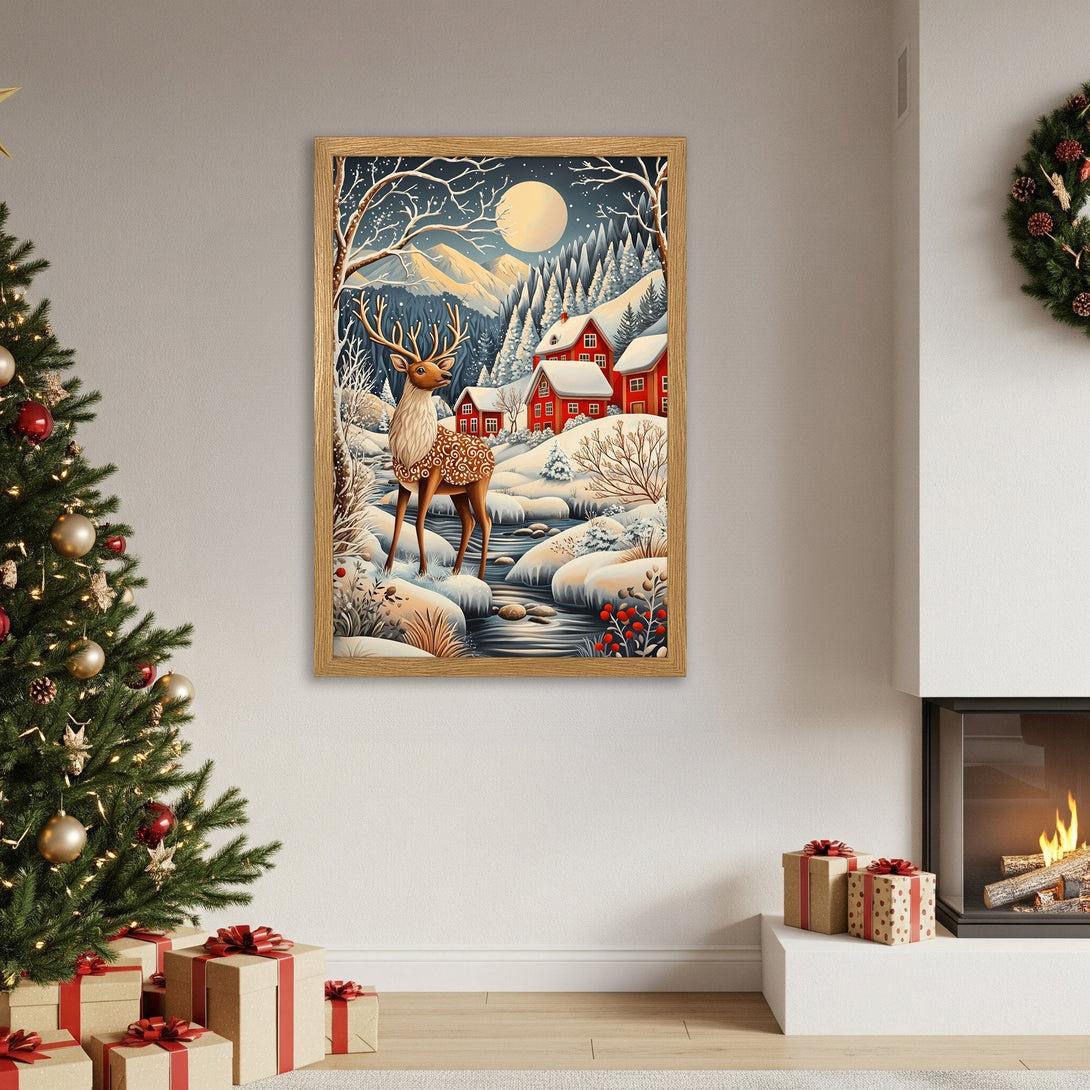 Framed Poster featuring a winter scene with a deer, red houses, and a snowy landscape. Cozy style, blue & white color palette. Perfect Christmas decor!