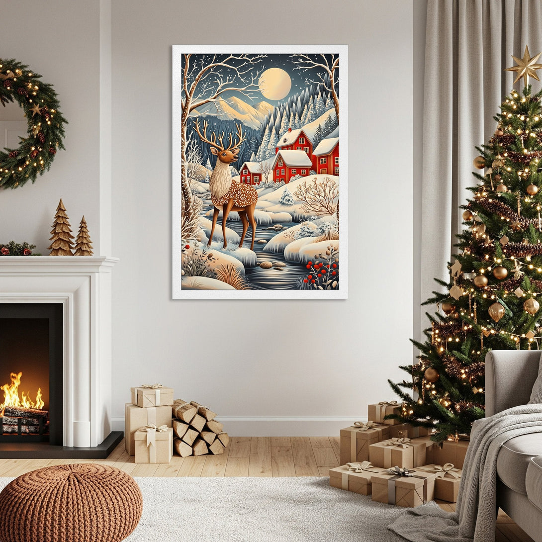 Framed Poster of a winter scene with a deer, red houses, and snowy landscape. Cozy, illustrative style with a cool color palette. Perfect holiday decor!